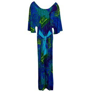 Vintage 60s Two Potato Blue Green Bell Sleeve Maxi Dress Large Mod Psychedelic